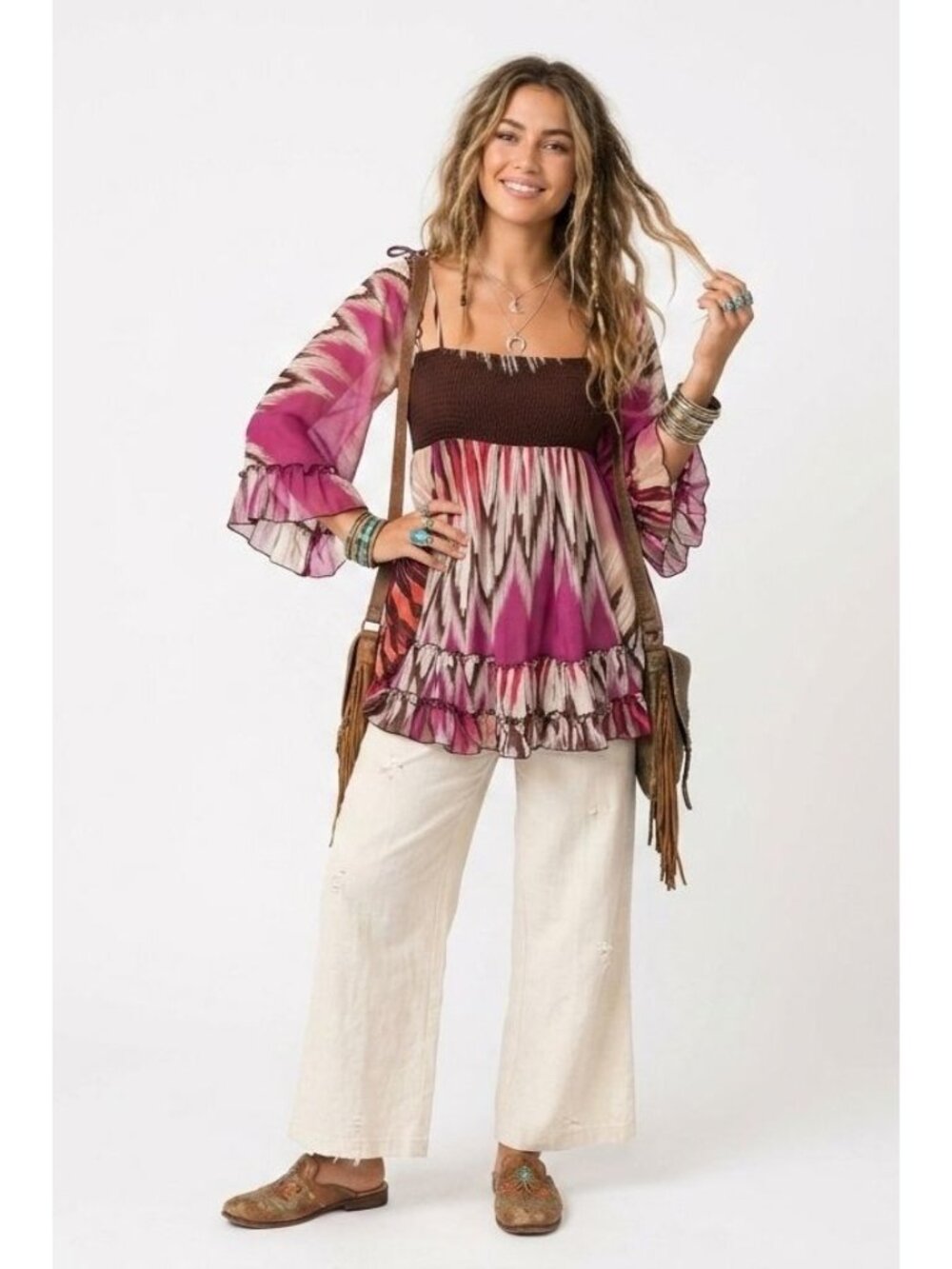 VTG Bebe Y2K Smocked Chiffon Blouse S Pink Brown Ikat Boho Bell Sleeve Babydoll‎